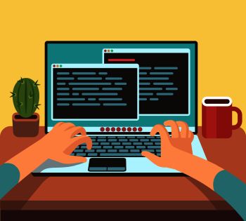 Person programmer working on pc laptop with program code on screen. Coding and programming vector concept ali basaeri